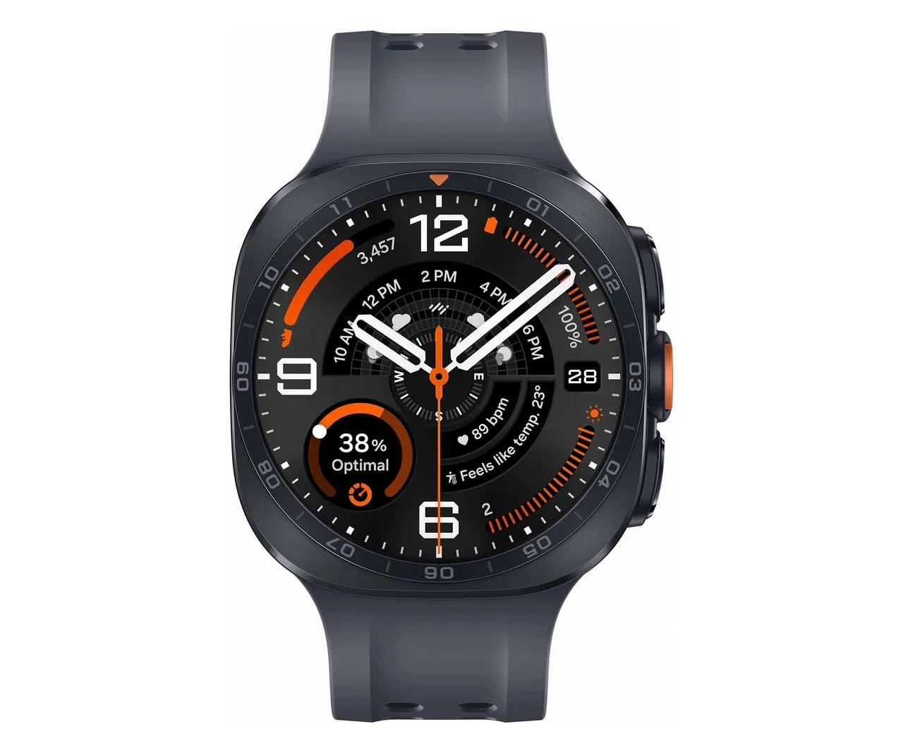 Samsung Galaxy Watch Ultra - Az óra kijelzője működés közben, futás közbeni adatokat és pulzustartományt mutatva