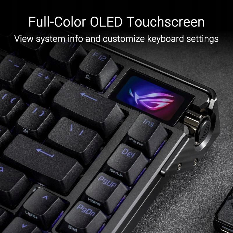 ASUS ROG Azoth Extreme - A billentyűzet jobb felső sarkában található színes OLED érintőkijelző és a mellette lévő háromállású gomb