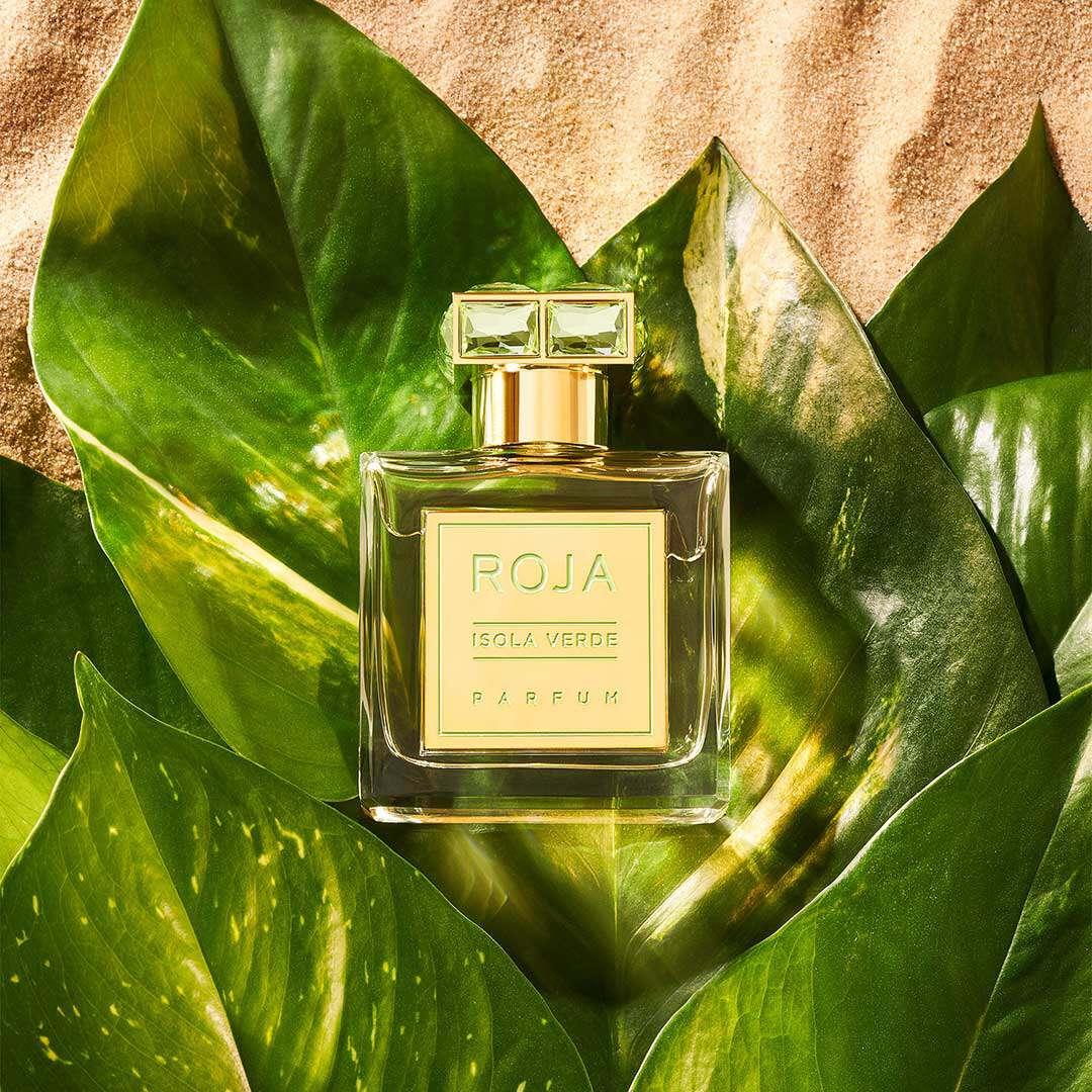 Roja Parfums Isola Sol - az Isola Verde üvegének részletei és a doboz prémium csomagolása