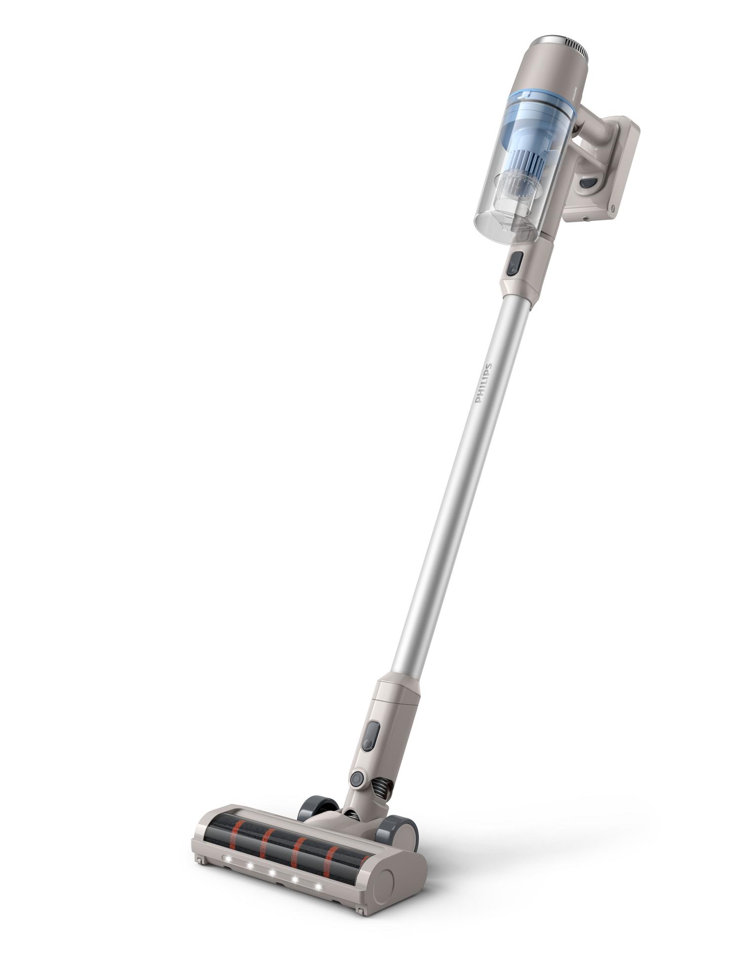 Philips 8000 Series Cordless Vacuum - A porszívó LED világítású feje működés közben a sötét sarokban