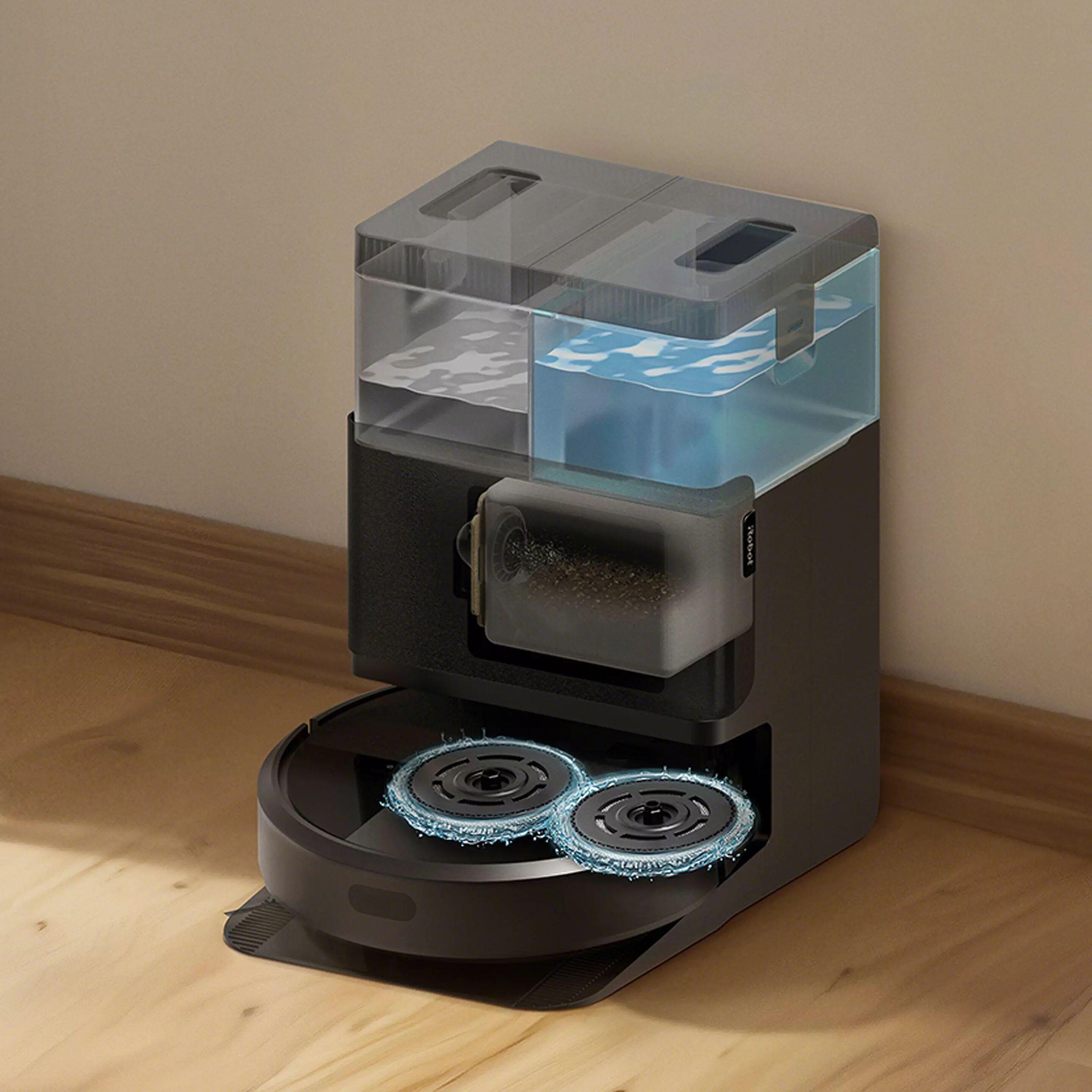 iRobot Roomba Plus 405 Combo - A robotporszívó működés közben, amint éppen kikerül egy akadályt a keményburkolaton