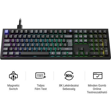 Keychron Q6 HE - Közelkép a mágneses Lime kapcsolókról és a PBT billentyűsapkákról