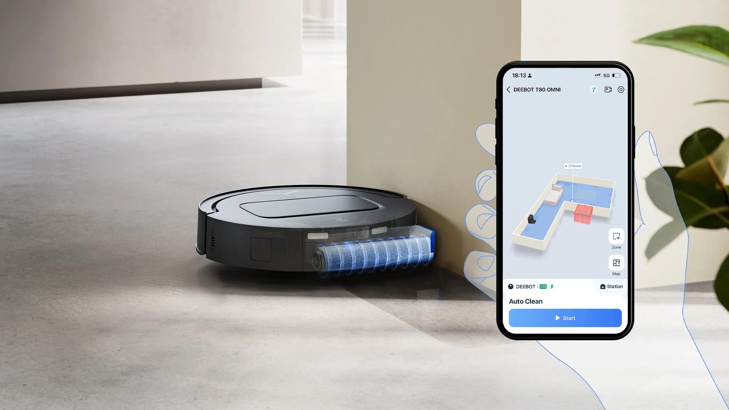 Ecovacs Deebot T80 Omni - a robotporszívó alja a ZeroTangle gubancmentes kefével és a hengerekkel