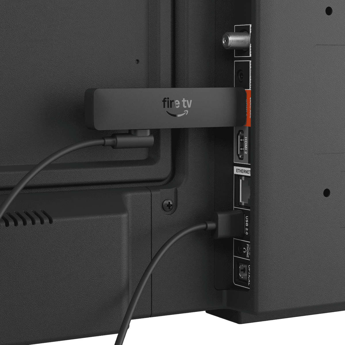 Amazon Fire TV Omni QLED - A Fire TV Stick HD a tévé HDMI portjára csatlakoztatva, diszkréten megbújva