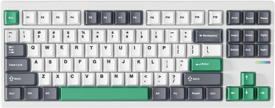 MCHOSE GX87 - a Matcha Latte v2 kapcsolók és a PBT billentyűsapkák közelebbi nézete