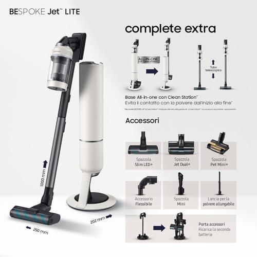 Samsung Bespoke Jet Bot Combo AI - A porszívó tartozékai és a plusz akkumulátor asztalra rendezve