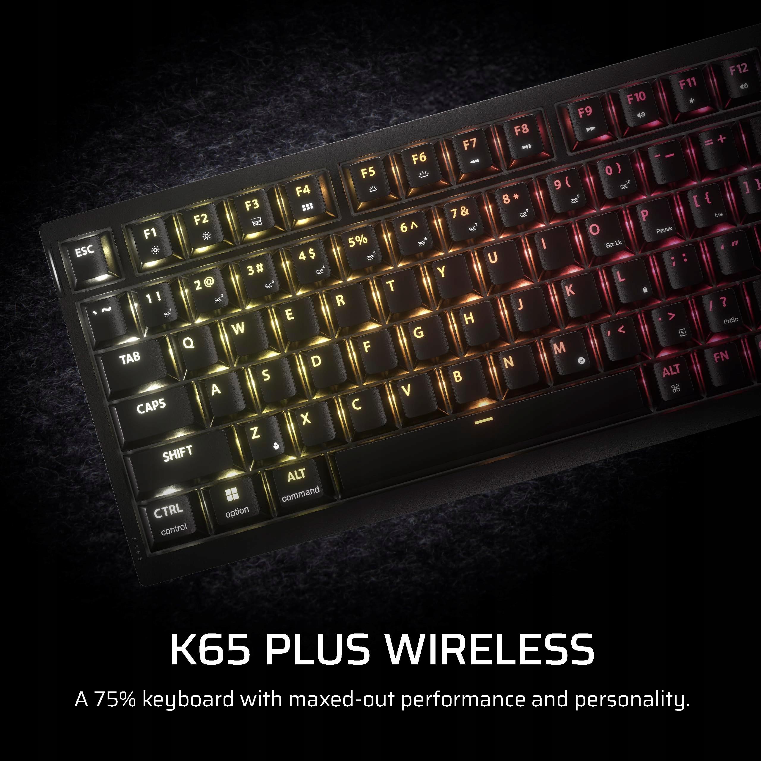 Corsair K65 PLUS Wireless - A billentyűzet jobb felső sarkában található multifunkciós tekerőgomb és a státuszjelző LED-ek