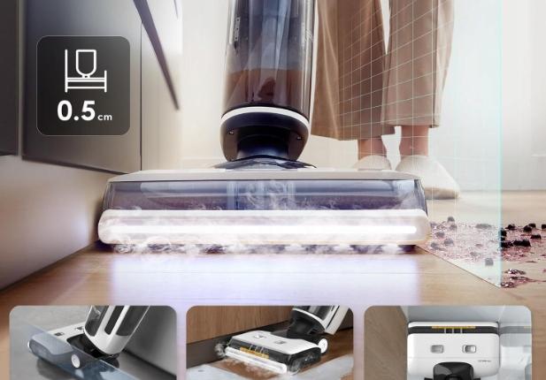 Tineco Pure One S70 - A tisztítófej LED világítása működés közben a sötét sarokban