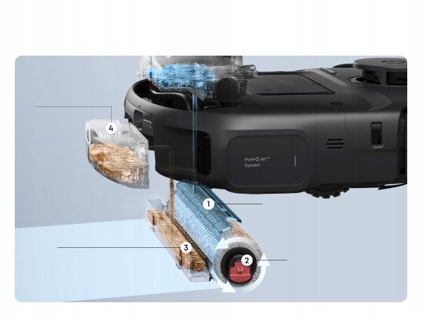 Eufy Robot Vacuum Omni C28 - a HydroJet felmosóhenger és a DuoSpiral gubancgátló kefe alulról