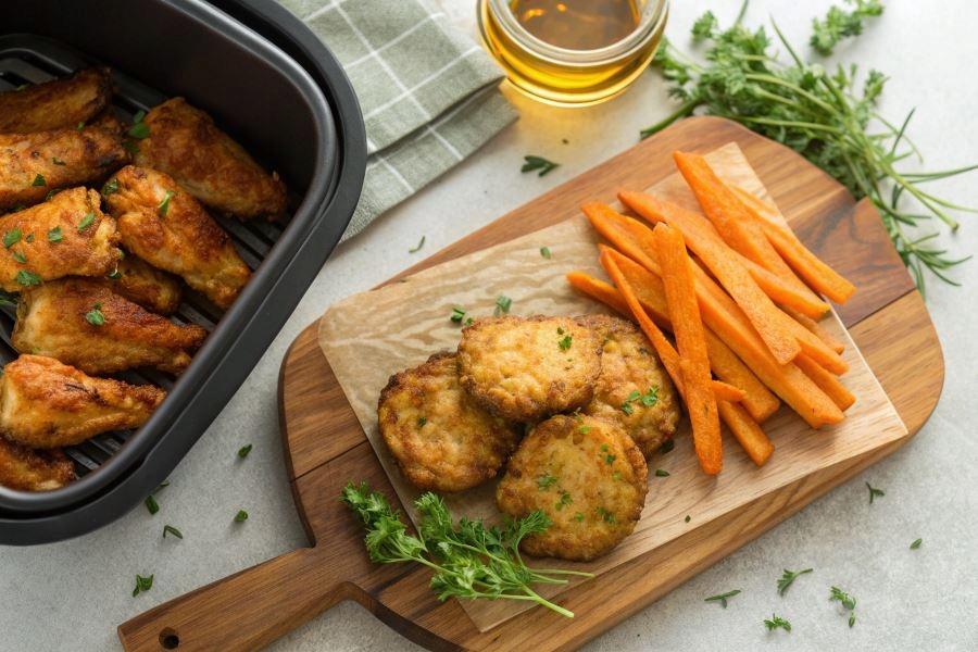 Ninja Crispi 4-in-1 Portable Glass Air Fryer Cooking System - Ropogósra sült krumpli és csirkeszárnyak a kivilágított sütőtérben