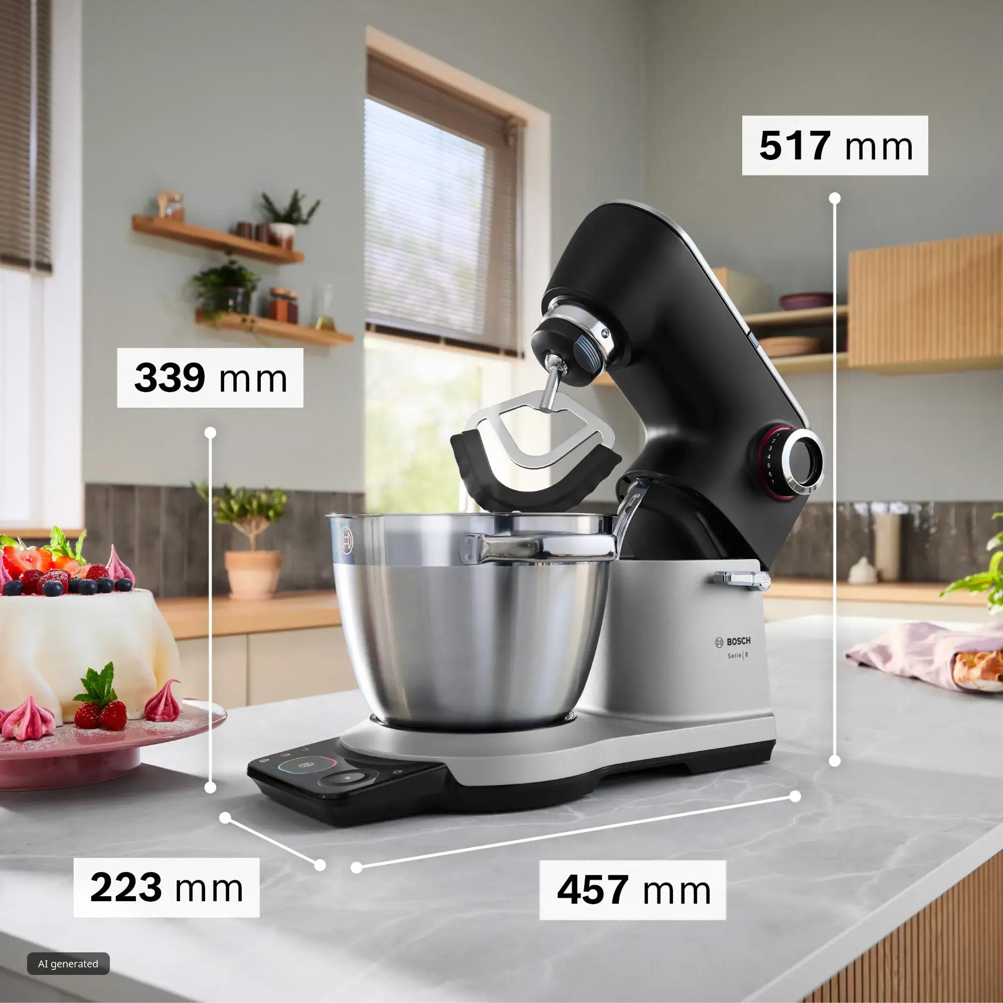 Bosch Series 8 OptiMUM - A tésztadagasztó kar és a tágas rozsdamentes acél keverőtál