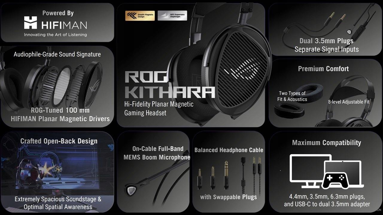 ASUS ROG — Kithara - a csomagban található moduláris kábelek, csatlakozók és a cserélhető fülpárnák