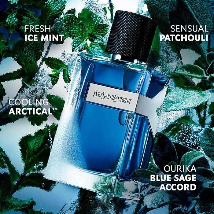 Yves Saint Laurent Y Iced Cologne - Az illat összetevőit szimbolizáló jégkockák, mentalevelek és kék zsálya