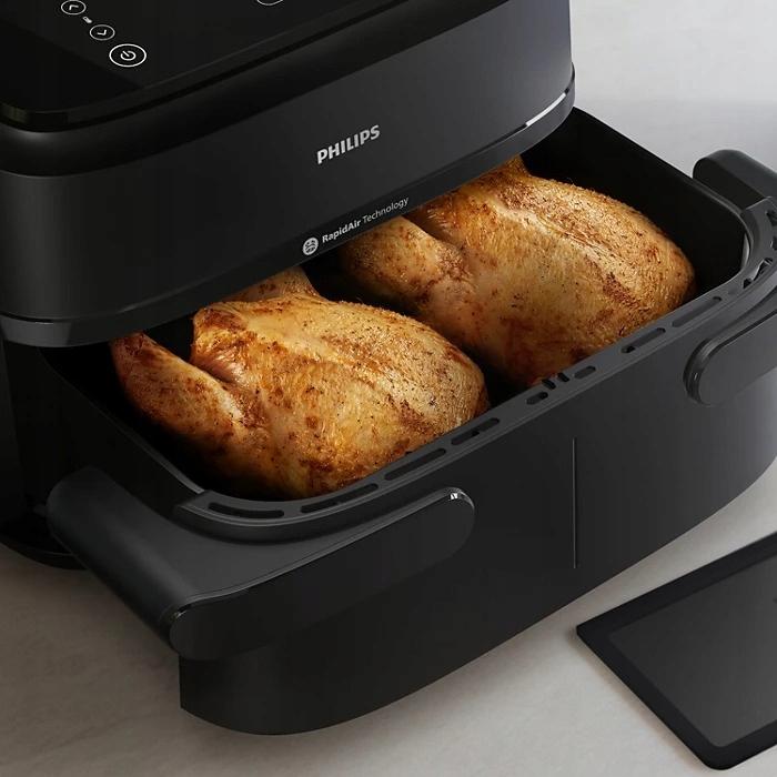 Philips 5000 Series Dual Basket Airfryer - Közelkép a működés közbeni digitális LED kijelzőről