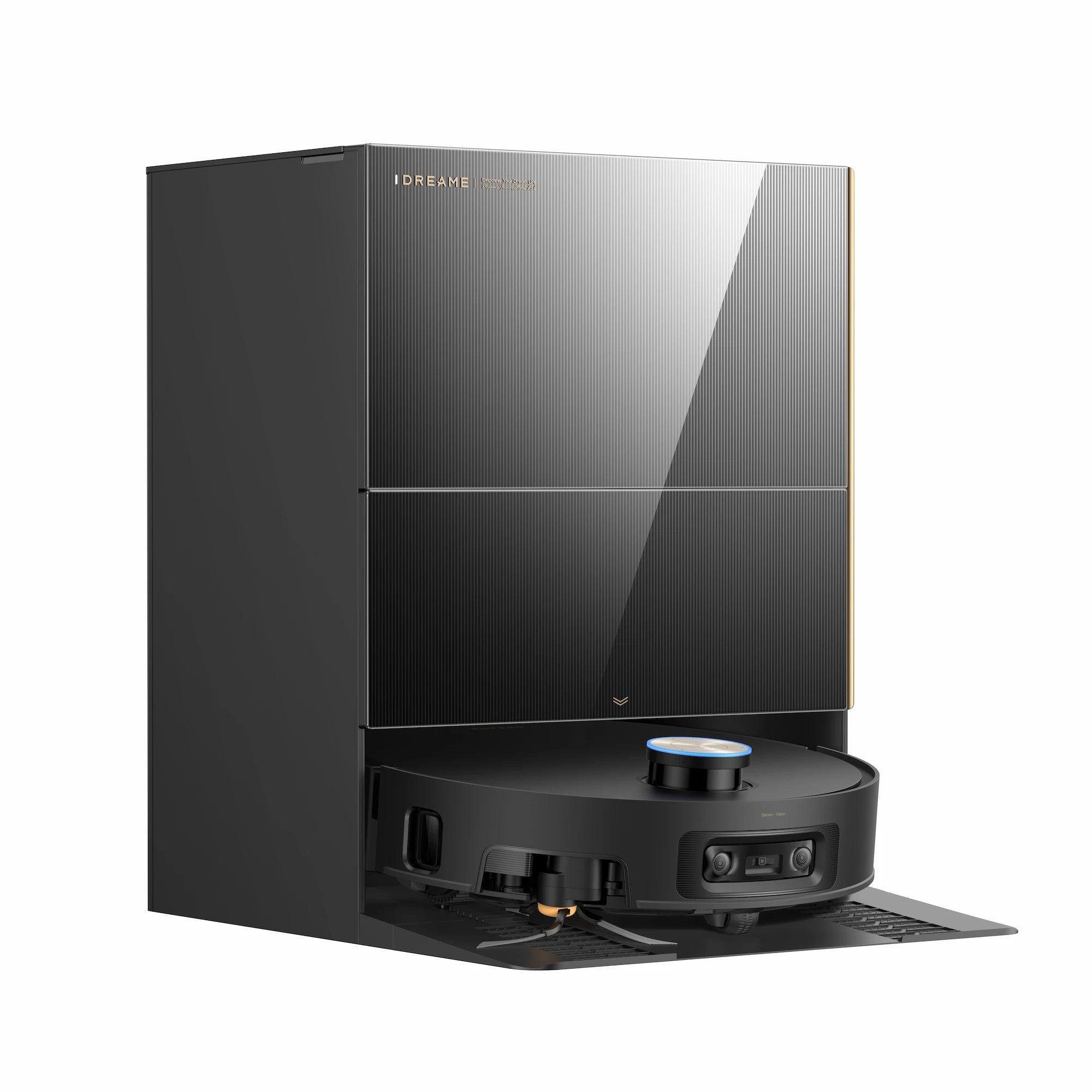 Dreame X60 Ultra Complete - A dokkoló állomás nyitott állapota a víztartályokkal és a porzsák rekeszével